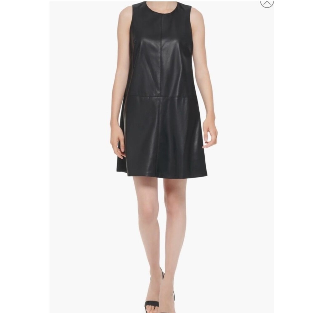 Calvin Klein Black Sleeveless Vegan Faux Leather Trapeze A line Dress size 4